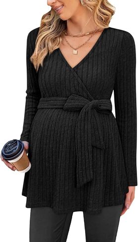 FMEYOA Womens Maternity Shirts Long Sleeve Pregnancy Tops Casual V Neck Ribbed Knit Pregnant Blouses in Saudi Arabia