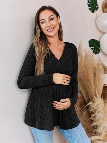 FMEYOA Womens Maternity Shirts Long Sleeve Pregnancy Tops Casual V Neck Ribbed Knit Pregnant Blouses in Saudi Arabia