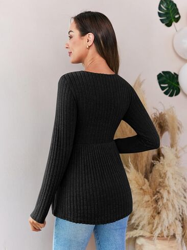 FMEYOA Womens Maternity Shirts Long Sleeve Pregnancy Tops Casual V Neck Ribbed Knit Pregnant Blouses in Saudi Arabia