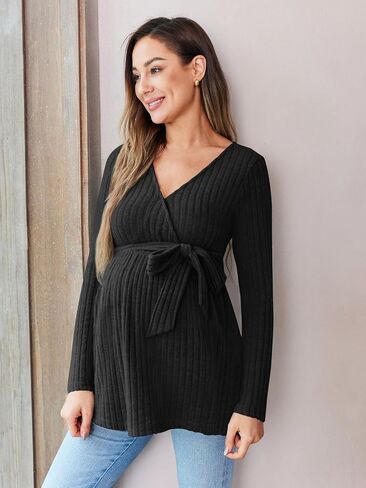 FMEYOA Womens Maternity Shirts Long Sleeve Pregnancy Tops Casual V Neck Ribbed Knit Pregnant Blouses in Saudi Arabia
