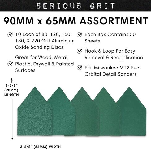 90mm x 65mm Triangle Sanding Sheet Assortment - Fits Milwaukee M12 FUEL™ Sanders - 80, 120, 150, 180, 220 Grit (10 of each) - Heavy-Duty Hook & Loop Film Sandpaper Pads - 50 Pack Box in Saudi Arabia
