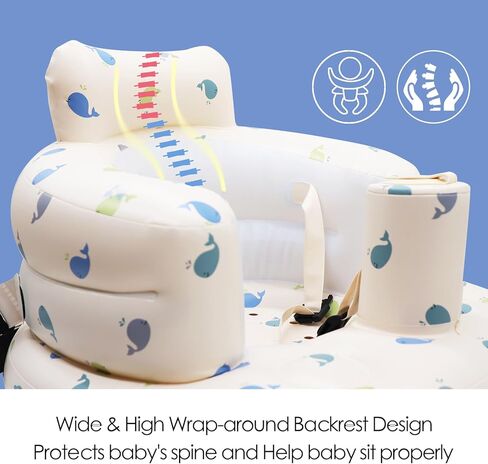 مقعد AirSwim Baby قابل للنفخ للأطفال من عمر 3 أشهر فما فوق، مقعد دعم الطفل ذو 3 نقاط، كرسي أطفال صيفي للجلوس، مقعد محمول قابل للنفخ على الأرض، مقعد على شكل حوت in Kuwait
