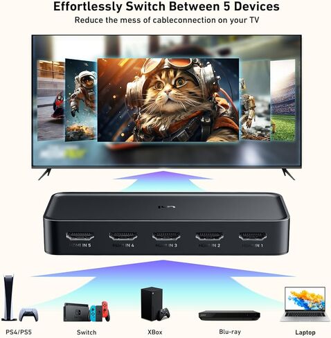 محول يوني HDMI 5 في 1 خارج 4K@60 هرتز، محول مقسم HDMI مع جهاز تحكم عن بعد، 5 منافذ HDMI 2.0 صندوق مقسم يدعم 3D، HDCP2.2، HDR متوافق مع الكمبيوتر المحمول، PS5/4، Xbox، Roku TV، Fire Stick in Kuwait