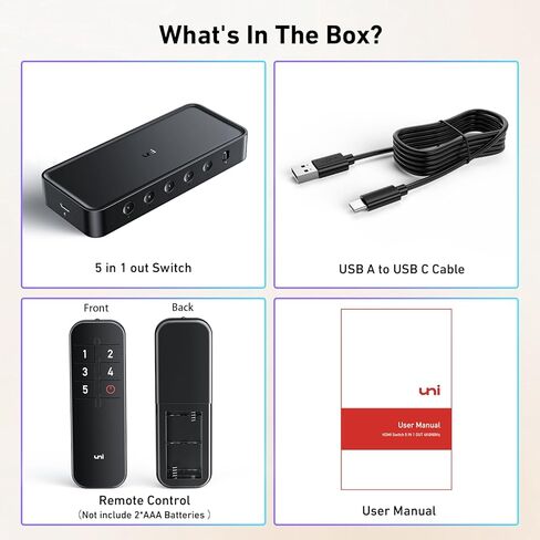 محول يوني HDMI 5 في 1 خارج 4K@60 هرتز، محول مقسم HDMI مع جهاز تحكم عن بعد، 5 منافذ HDMI 2.0 صندوق مقسم يدعم 3D، HDCP2.2، HDR متوافق مع الكمبيوتر المحمول، PS5/4، Xbox، Roku TV، Fire Stick in Kuwait