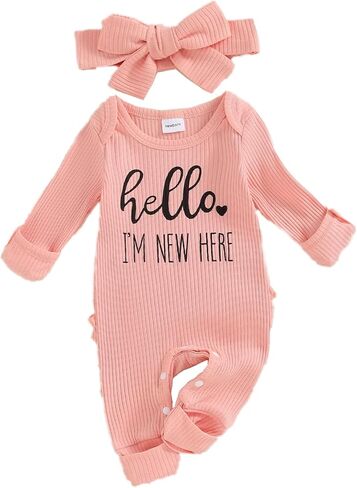 FIOMVA Im New Here Newborn Outfit Girl Long Sleeve Letter Romper Ribbed Knit Jumpsuit Baby Girl Preemie Coming Home Outfit in Saudi Arabia