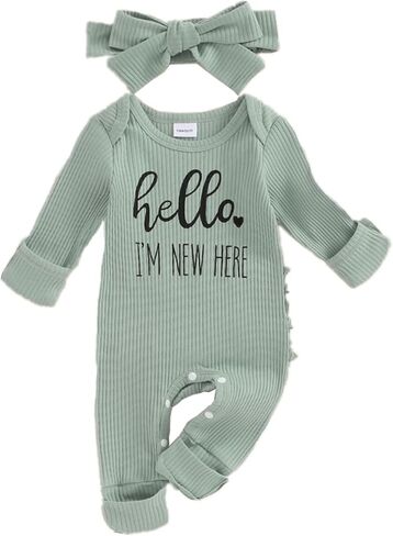 FIOMVA Im New Here Newborn Outfit Girl Long Sleeve Letter Romper Ribbed Knit Jumpsuit Baby Girl Preemie Coming Home Outfit in Saudi Arabia