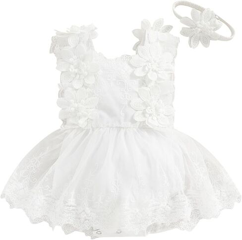 Infant Newborn Baby Girl Lace Romper Tulle Dress Floral Outfits Summer Toddler Wedding Dress with Headband in Saudi Arabia