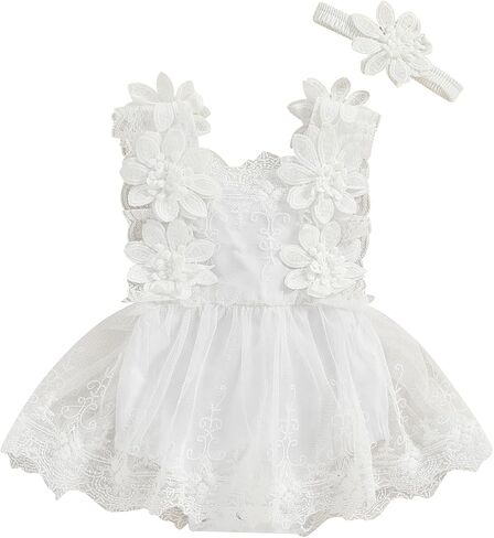 Infant Newborn Baby Girl Lace Romper Tulle Dress Floral Outfits Summer Toddler Wedding Dress with Headband in Saudi Arabia