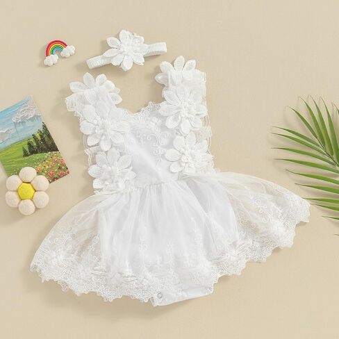 Infant Newborn Baby Girl Lace Romper Tulle Dress Floral Outfits Summer Toddler Wedding Dress with Headband in Saudi Arabia