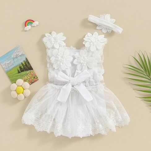 Infant Newborn Baby Girl Lace Romper Tulle Dress Floral Outfits Summer Toddler Wedding Dress with Headband in Saudi Arabia