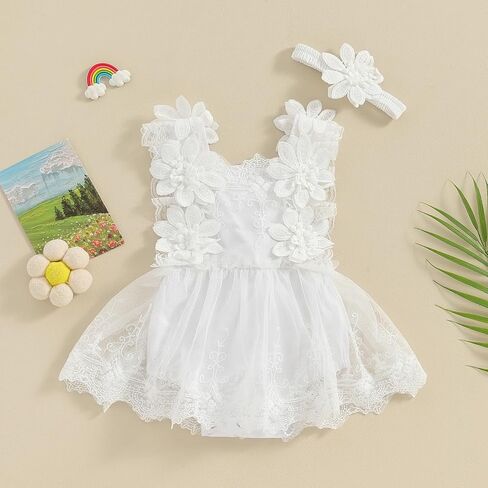 Infant Newborn Baby Girl Lace Romper Tulle Dress Floral Outfits Summer Toddler Wedding Dress with Headband in Saudi Arabia