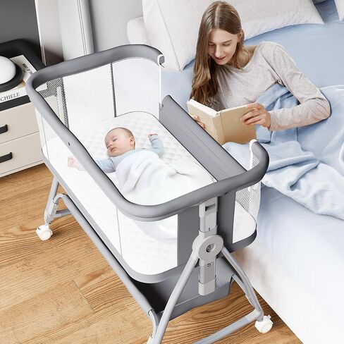 Jixrolyn 3 in 1 Baby Bassinet Bedside Sleeper, Height Adjustable Bedside Bassinet for Newborn and Infant with Mattress, Storage Basket, and Wheels (Grey) in Saudi Arabia