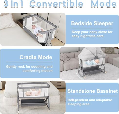 Jixrolyn 3 in 1 Baby Bassinet Bedside Sleeper, Height Adjustable Bedside Bassinet for Newborn and Infant with Mattress, Storage Basket, and Wheels (Grey) in Saudi Arabia
