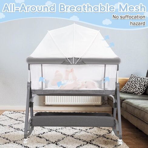 Jixrolyn 3 in 1 Baby Bassinet Bedside Sleeper, Height Adjustable Bedside Bassinet for Newborn and Infant with Mattress, Storage Basket, and Wheels (Grey) in Saudi Arabia