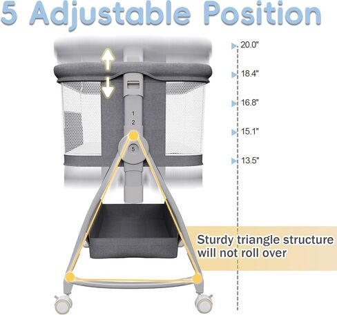 Jixrolyn 3 in 1 Baby Bassinet Bedside Sleeper, Height Adjustable Bedside Bassinet for Newborn and Infant with Mattress, Storage Basket, and Wheels (Grey) in Saudi Arabia