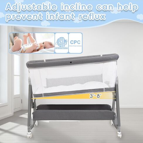 Jixrolyn 3 in 1 Baby Bassinet Bedside Sleeper, Height Adjustable Bedside Bassinet for Newborn and Infant with Mattress, Storage Basket, and Wheels (Grey) in Saudi Arabia