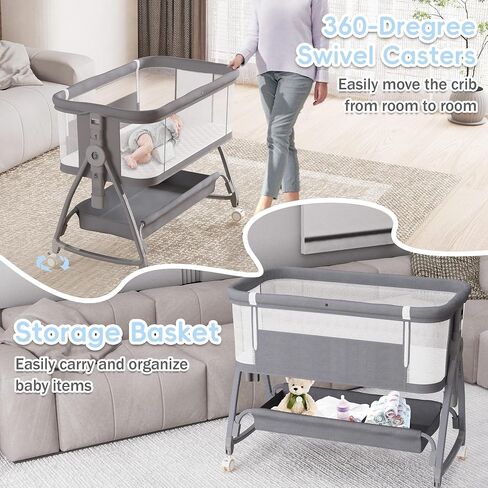 Jixrolyn 3 in 1 Baby Bassinet Bedside Sleeper, Height Adjustable Bedside Bassinet for Newborn and Infant with Mattress, Storage Basket, and Wheels (Grey) in Saudi Arabia