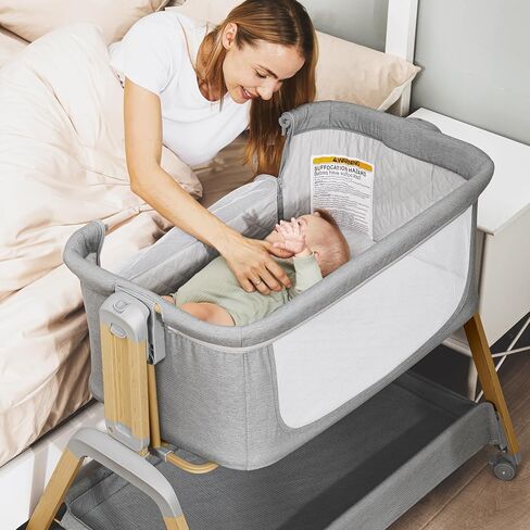 3 in 1 Baby Bassinet, Rocking Bassinets with Comfy Mattress and Wheels, Adjustable Height Bassinet Bedside Sleeper, Easy Folding Portable Crib for Newborn (Grey) in Saudi Arabia