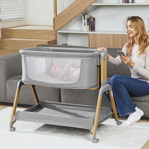 3 in 1 Baby Bassinet, Rocking Bassinets with Comfy Mattress and Wheels, Adjustable Height Bassinet Bedside Sleeper, Easy Folding Portable Crib for Newborn (Grey) in Saudi Arabia