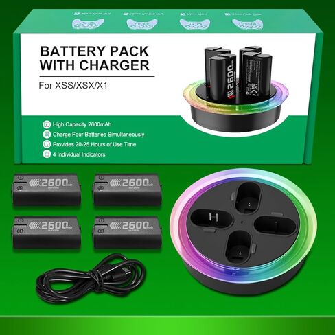 شاحن لحزمة بطارية وحدة تحكم Xbox One مع محطة شاحن بطارية Xbox One قابلة لإعادة الشحن USB بقدرة 4 × 6200 مللي أمبير في الساعة لأجهزة Xbox Series X|S ووحدات تحكم Xbox One S/One X/Elite - ملحقات Xbox One (2600 مللي أمبير في الساعة) in Kuwait
