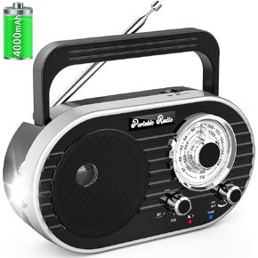Portable AM FM SW Radio with Bluetooth,4000mAh Rechargeable Radio with Big Speaker,Flashlight,Large Knob,Earphone Jack,4 AA Battery Operated Radio,Transistor Radio with Best Reception for Home&Outdoor