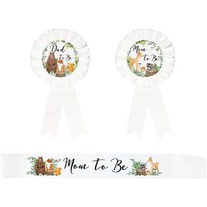Woodland Creatures Baby Shower Sash Mom to Be & Daddy to Be Corsage Party Set Welcome Baby Decorations, 3 PCS Baby Shower Sash for Mom to Be Dad to Be Set, baby Shower Party Favors for Gender Reveal