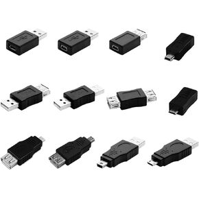 Multiple USB 2.0 Adapters, USB OTG Adapter Kit 12Pcs Micro/Mini Male Female Sockets Converters Connectors Support Data Transmission and Charging for Computer Tablet PC Mobile Phone