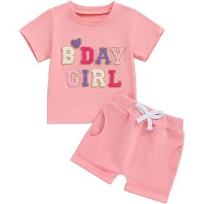lashbair Toddler Baby Girl Birthday Outfits Letter Birthday T Shirt Short Sleeve Top Shorts Set Infant Girl Summer Clothes