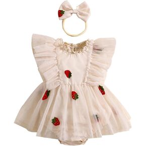 Newborn Baby Girl Summer Clothes Strawberry Embroidery Romper Dress Fly Sleeve Tulle Tutu Jumpsuit Bodysuit Outfit