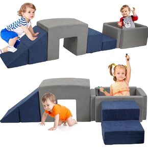 Foam Kids Climbing Toy Indoor with Soft Fabric,7 PCS Climb and Crawl Activity Playset,Foam Climbing Toys for Toddlers with Ball Pit and Slide Stairs,Ramp