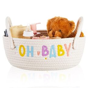 Baby Basket for Nursery Empty Baby Shower Basket Woven Baby Print Baby Storage Basket with Handles, 1 Gift Bags and 1 Ribbons for Pregnancy Born New Parents Baby Boys Girls Gift, 12"