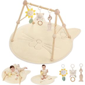 Wooden Organic Baby Gym Cotton Play Mat, 4-in-1 Super Soft Infant Activity Tummy Time Playmat for 0 to 3 6 9 12 36 Months Babies, Removable Toys for Sensory & Motor Skill Development, Leaf