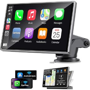 Upgrade Wireless Carplay Screen & Android Auto, Portable 7" HD IPS Screen for Car, GPS Navigation, Bluetooth Handsfree, AirPlay, MirrorCast, AUX/FM Transmitter Fit Most Car Models