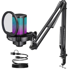 UHURU Gaming USB Microphone for PC, Computer Mic with Controllable RGB for PS4/5 Gamers, Podcast Mic with Boom Arm, Noise Cancellation, Mute Button, Gain Knob for Streaming Discord Twitch-UM2S