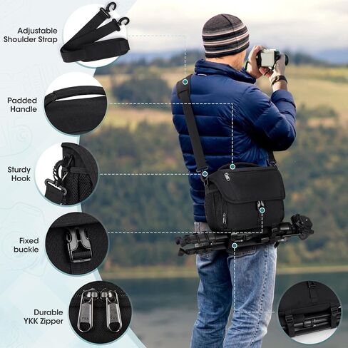 حقيبة كاميرا RAINSMORE، حقيبة كاميرا احترافية DSLR/SLR/بدون مرآة مع حامل ثلاثي القوائم وحقيبة كاميرا مضادة للماء مع غطاء مطر وحقيبة كروس للتصوير الفوتوغرافي متوافقة مع Canon/Nikon/Sony/Fuji، أسود in Kuwait
