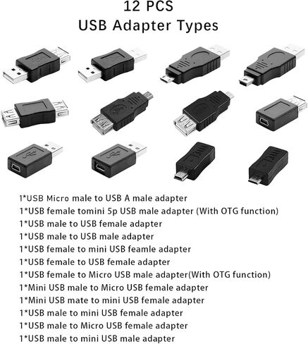 محولات USB 2.0 متعددة، مجموعة محول USB OTG 12 قطعة موصلات محولات مقابس أنثى صغيرة/صغيرة تدعم نقل البيانات وشحن الكمبيوتر اللوحي والكمبيوتر المحمول والهاتف المحمول in Kuwait