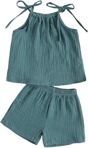 Hoanselay Toddler Baby Girl Summer 2Pcs Outfit Sleeveless Crop Top and Cotton Linen Pants Shorts Set Solid Color Clothes in Saudi Arabia