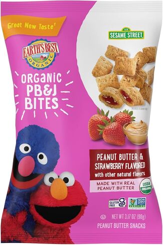 Earth's Best Organic Kids Snacks, Sesame Street Toddler Snacks, Organic PB&J Bites for Toddlers 2 Years and Older, Peanut Butter and Strawberry Flavored with Other Natural Flavors, 3.17oz (Pack of 6) in Saudi Arabia