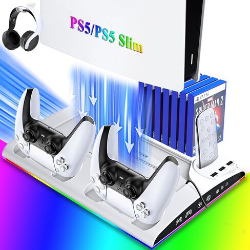 محطة تبريد للقرص النحيف PS5/PS5 ووحدة التحكم الرقمية، حامل تبريد مع محطة شحن وحدة تحكم RGB لوحدة التحكم PS 5، ملحقات PS5/PS5 النحيفة مع مروحة تبريد ثلاثية المستوى in Saudi Arabia