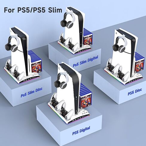 محطة تبريد للقرص النحيف PS5/PS5 ووحدة التحكم الرقمية، حامل تبريد مع محطة شحن وحدة تحكم RGB لوحدة التحكم PS 5، ملحقات PS5/PS5 النحيفة مع مروحة تبريد ثلاثية المستوى in Saudi Arabia