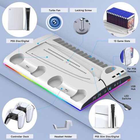 محطة تبريد للقرص النحيف PS5/PS5 ووحدة التحكم الرقمية، حامل تبريد مع محطة شحن وحدة تحكم RGB لوحدة التحكم PS 5، ملحقات PS5/PS5 النحيفة مع مروحة تبريد ثلاثية المستوى in Saudi Arabia