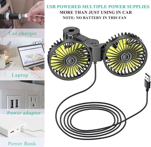 مروحة سيارة، مراوح سيارة USB مزدوجة الرأس للمقعد الخلفي للأطفال، سرعة هواء 3 سرعات ومروحة تبريد للمقعد الخلفي تدور 360 درجة، مروحة دوران هواء قوية 5 فولت لشاحنة سيدان SUV RV in Saudi Arabia