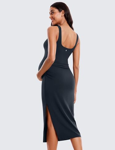 CRZ YOGA Women Butterluxe Sleeveless Tank Maternity Dress Split Ruched Pregnancy Square Neck Bodycon Dress Casual Baby Shower in Saudi Arabia