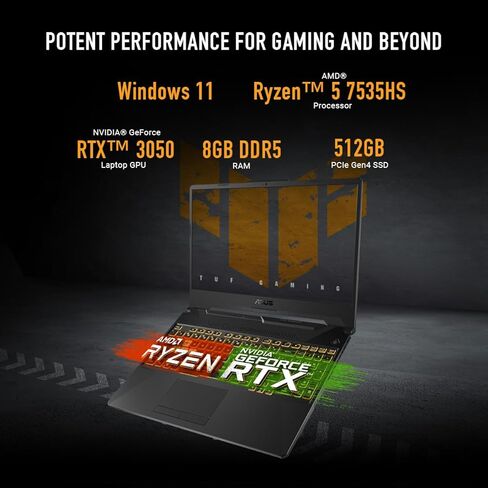 ASUS TUF Gaming A15 (2024) Gaming Laptop, 15.6" FHD 144Hz Display, NVIDIA® GeForce RTX™ 2050, AMD Ryzen™ 5 7535HS, 8GB DDR5, 512GB PCIe® Gen4 NVMe™ SSD, Wi-Fi 6, Windows 11, FA506NF-ES51 in Saudi Arabia