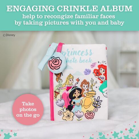 Disney Princess Photo Album with Soft Pages and Crinkle Sounds for Babies and Toddlers – Holds 4x6 Photos and On The Go Strap for Stroller, Car Seat or Crib for Baby in Saudi Arabia