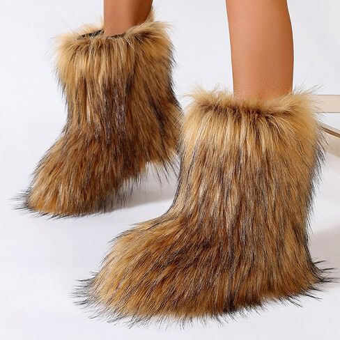 YXCFEWD Fur Boots for Women Winter Fluffy Furry Boots for Girls Flat Heel Snow Boots, 8 Wide in Saudi Arabia