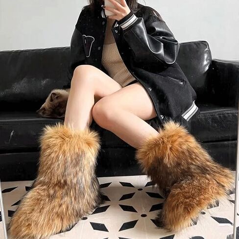 YXCFEWD Fur Boots for Women Winter Fluffy Furry Boots for Girls Flat Heel Snow Boots, 8 Wide in Saudi Arabia