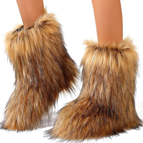 YXCFEWD Fur Boots for Women Winter Fluffy Furry Boots for Girls Flat Heel Snow Boots, 8 Wide in Saudi Arabia