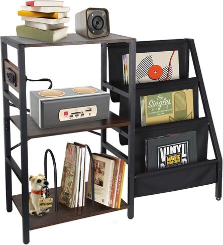 Large Record Player Stand with Charging Station, 3-Tier Vinyl Record Storage, Record Player Table Turntable Stand Holds Up to 200 Albums, Premium End Table for Living Room Bedroom in Saudi Arabia