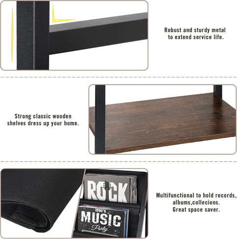 Large Record Player Stand with Charging Station, 3-Tier Vinyl Record Storage, Record Player Table Turntable Stand Holds Up to 200 Albums, Premium End Table for Living Room Bedroom in Saudi Arabia